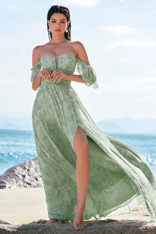 Dusty Sage A-Line Off Shoulder Print Long Bridesmaid Dress with Slit sold by Zapaka