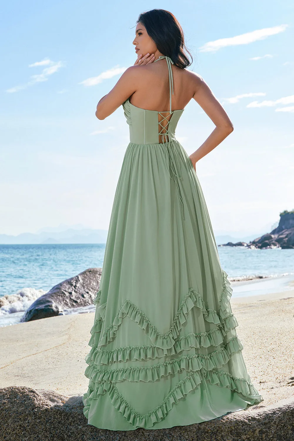Dusty Sage A-Line Halter Corset Ruffled Long Chiffon Bridesmaid Dress with Slit sold by Zapaka product image thumbnail 2
