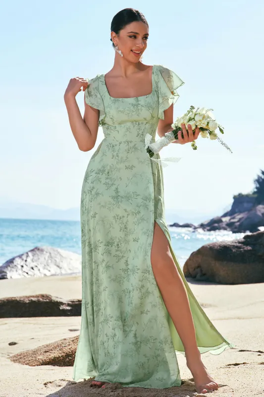 Dusty Sage A Line Printed Floral Long Bridesmaid Dress with Slit sold by Zapaka