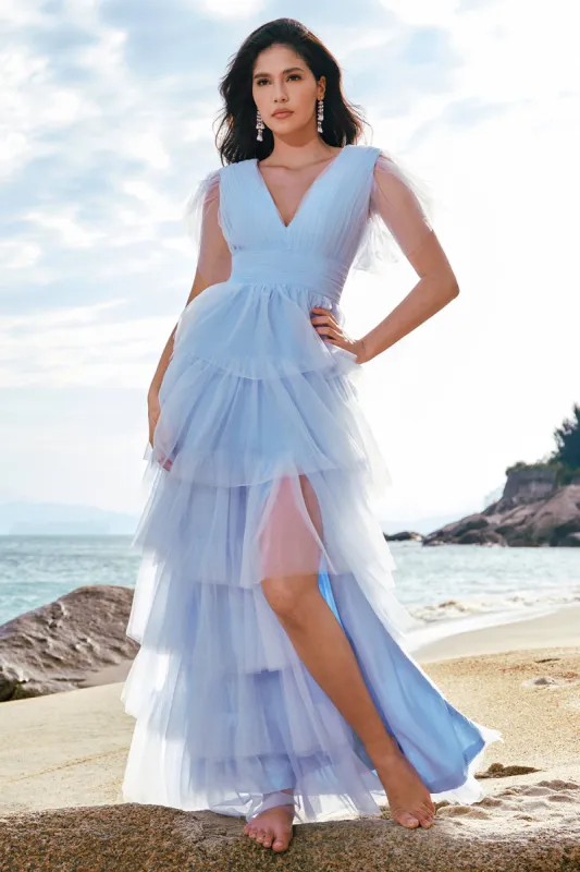 Grey Blue A-Line V Neck Tulle Long Tiered Bridesmaid Dress with Slit sold by Zapaka