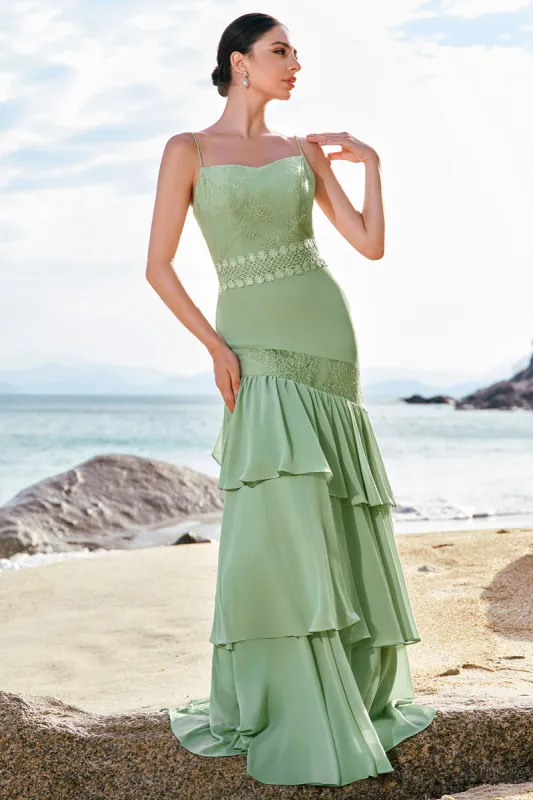 Green Mermaid Floral Chiffon Long Ruffled Bridesmaid Dress with Lace sold by Zapaka