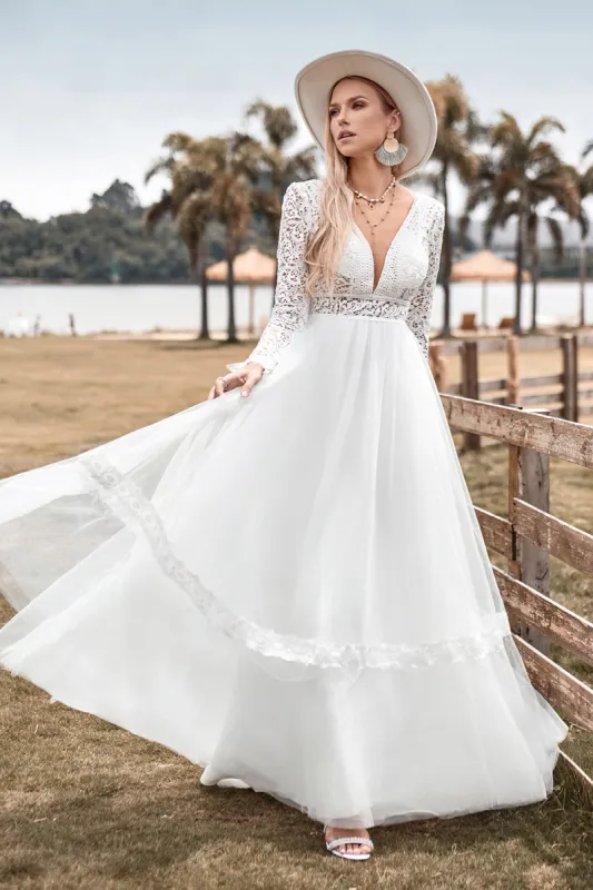 Lace Long Sleeves Deep V-neck Boho Wedding Dress with Backless sold by Zapaka
