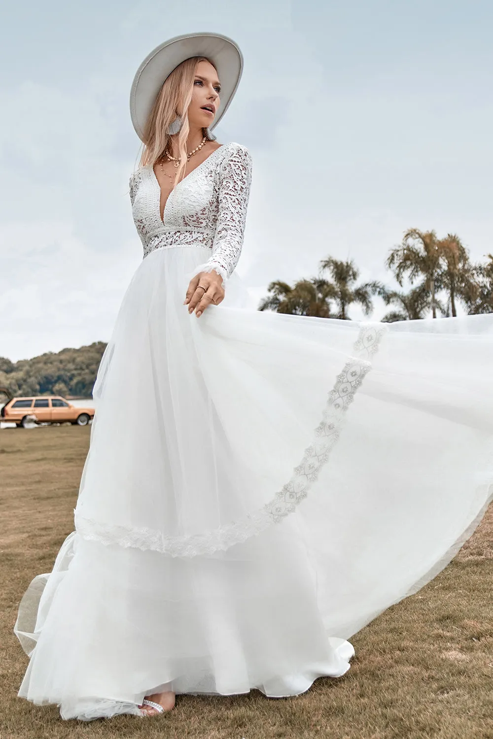 Lace Long Sleeves Deep V-neck Boho Wedding Dress with Backless sold by Zapaka product image thumbnail 4