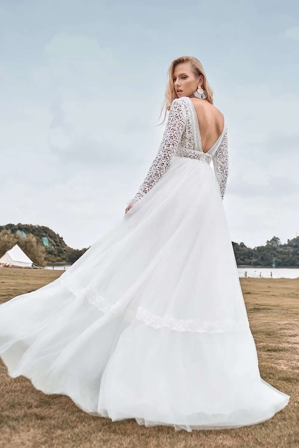 Lace Long Sleeves Deep V-neck Boho Wedding Dress with Backless sold by Zapaka product image thumbnail 2