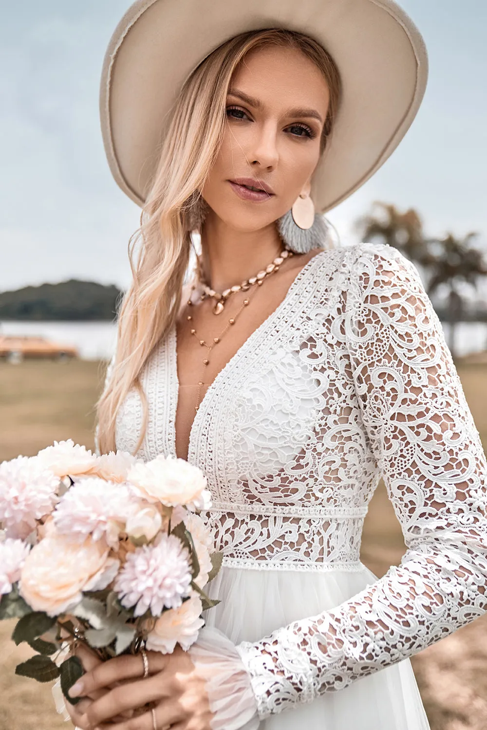 Lace Long Sleeves Deep V-neck Boho Wedding Dress with Backless sold by Zapaka product image thumbnail 3