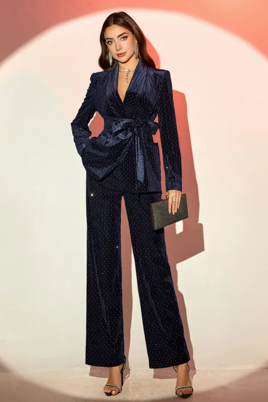 Navy Shawl Lapel 2 Pieces Women's Suits with Belt sold by Zapaka