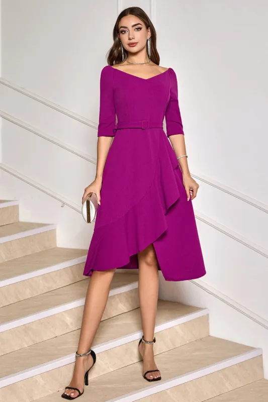 Grape Purple Asymmetrical Midi Cocktail Dress with Half Sleeves sold by Zapaka