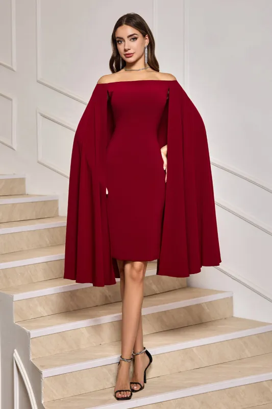 Burgundy Bodycon Off the Shoulder Midi Cocktail Dress With Cape Sleeves sold by Zapaka