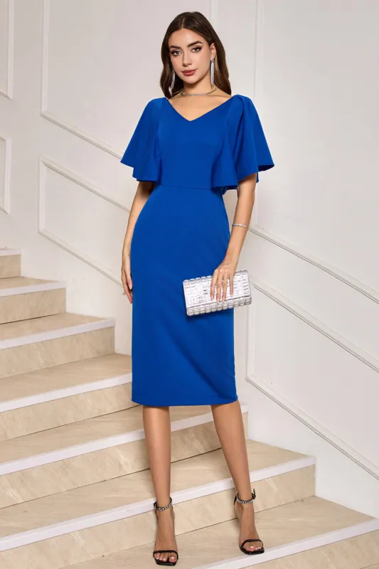 Royal Blue Bodycon V Neck Midi Mother of Bride Dress with Short Sleeves sold by Zapaka