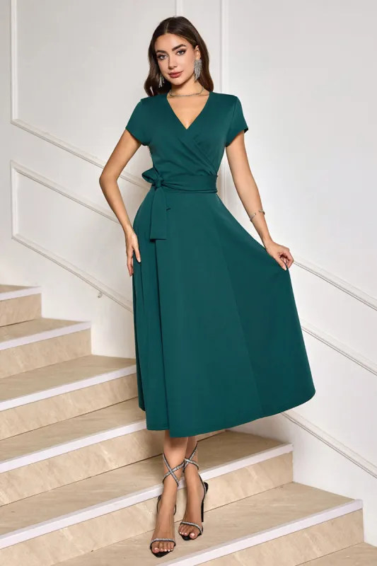 Dark Green A-Line Short Sleeves Mother of Bride Dress with Belt sold by Zapaka