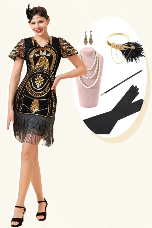 Fringed Golden Sequins Flapper Dress with 20s Accessories Set sold by Zapaka