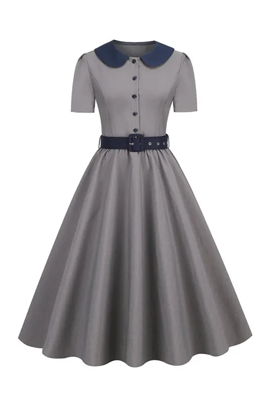 Peter Pan Collar Grey 1950s Dress with Belt sold by Zapaka