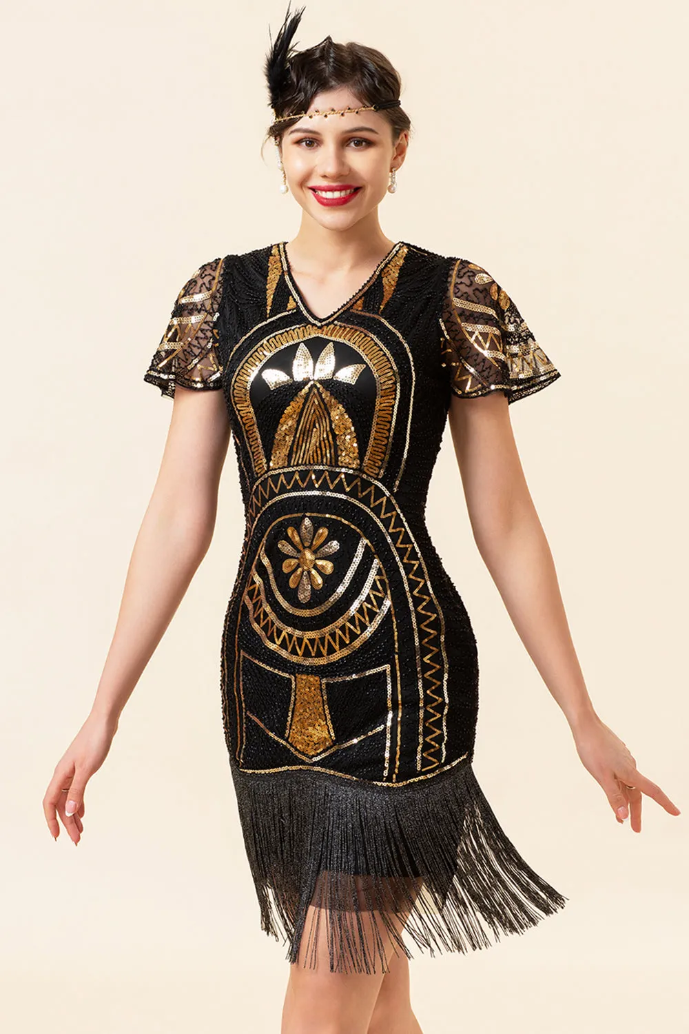 Fringed Golden Sequins Flapper Dress with 20s Accessories Set sold by Zapaka product image thumbnail 3
