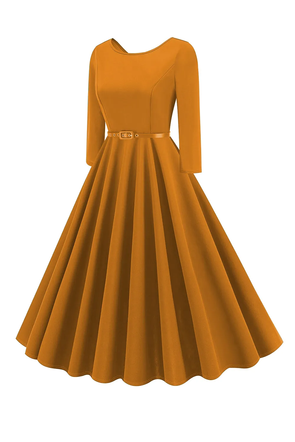 Yellow Round Neck Short Sleeves A-Line Midi 1950s Dress with Belt sold by Zapaka product image thumbnail 3
