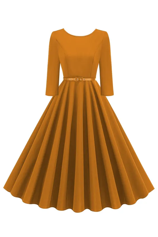Yellow Round Neck Short Sleeves A-Line Midi 1950s Dress with Belt sold by Zapaka