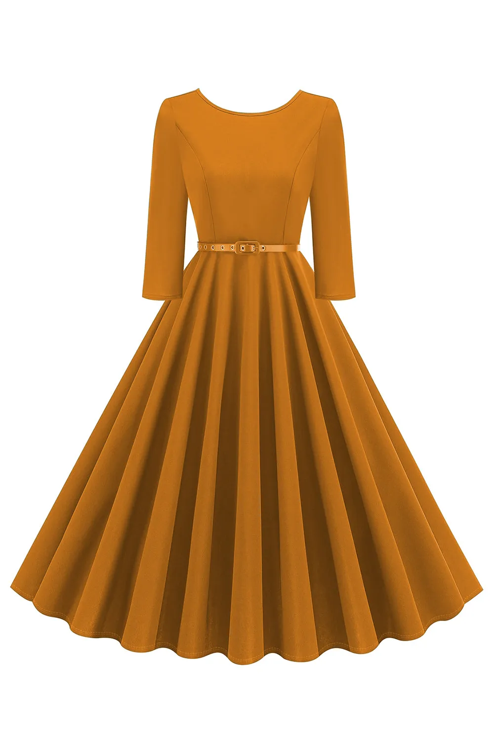 Yellow Round Neck Short Sleeves A-Line Midi 1950s Dress with Belt sold by Zapaka
