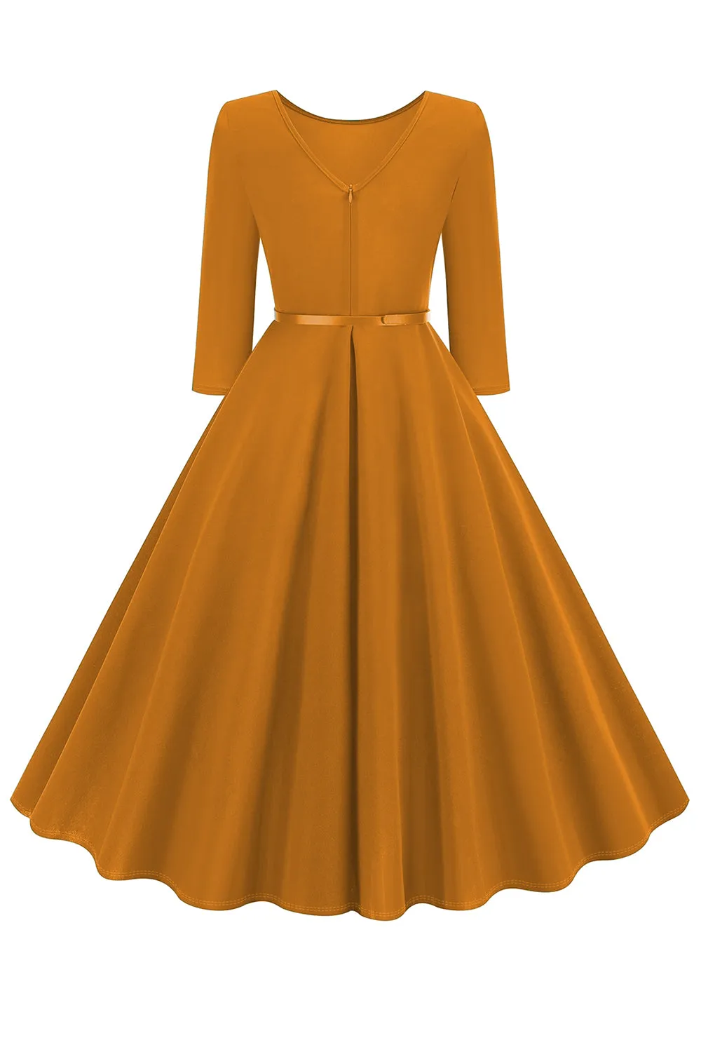 Yellow Round Neck Short Sleeves A-Line Midi 1950s Dress with Belt sold by Zapaka product image thumbnail 2