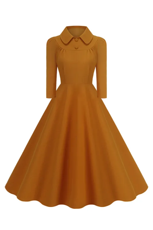 Yellow Peter Pan Collar Long Sleeves A-Line Midi 1950s Dress sold by Zapaka