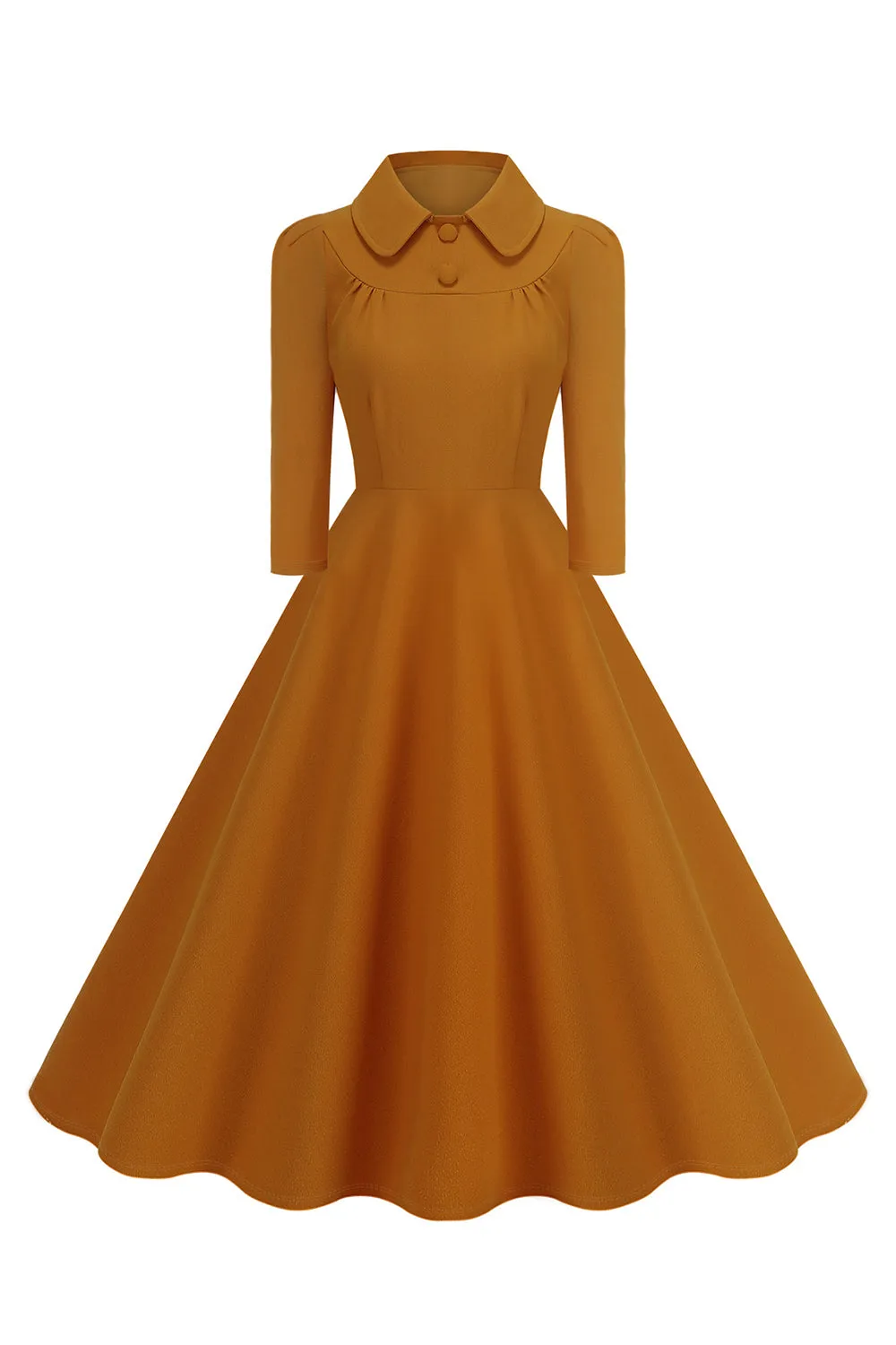 Yellow Peter Pan Collar Long Sleeves A-Line Midi 1950s Dress sold by Zapaka