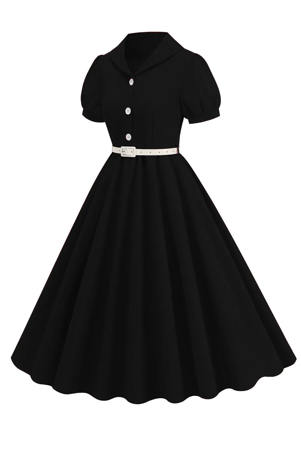 Black V-neck Short Sleeves A-Line Midi 1950s Dress with Belt sold by Zapaka product image thumbnail 3