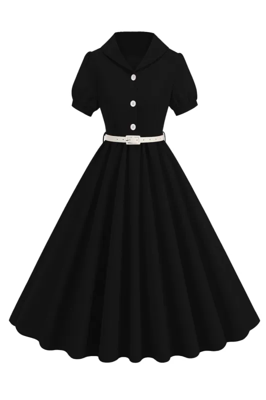 Black V-neck Short Sleeves A-Line Midi 1950s Dress with Belt sold by Zapaka