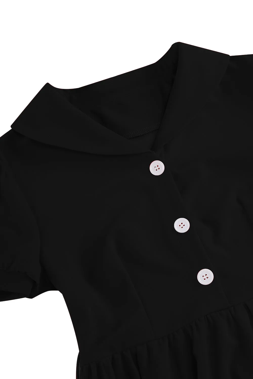 Black V-neck Short Sleeves A-Line Midi 1950s Dress with Belt sold by Zapaka product image thumbnail 5