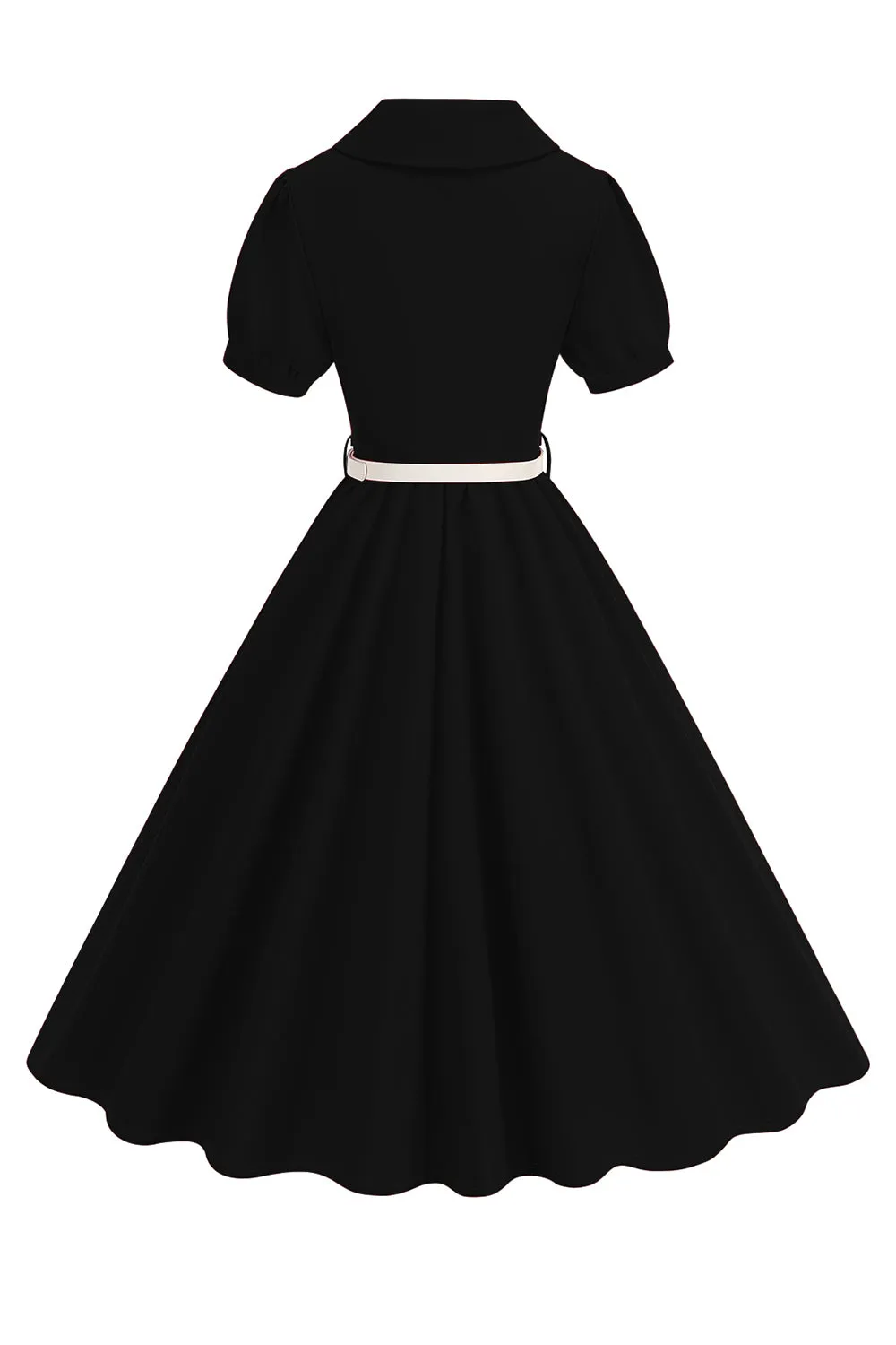 Black V-neck Short Sleeves A-Line Midi 1950s Dress with Belt sold by Zapaka product image thumbnail 2