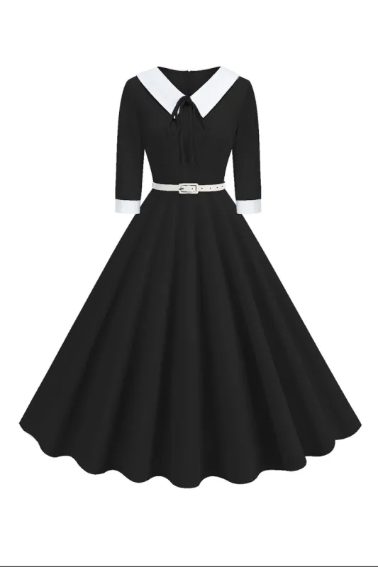 Black A-Line V-neck Short Sleeves Midi 1950s Dress sold by Zapaka