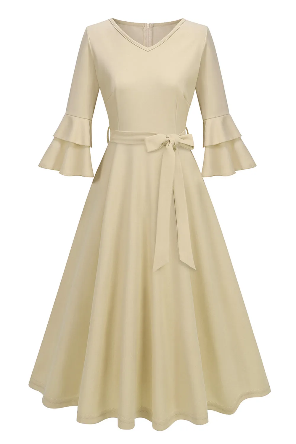 Apricot A-Line V-neck Half Sleeves Midi 1950s Dress sold by Zapaka