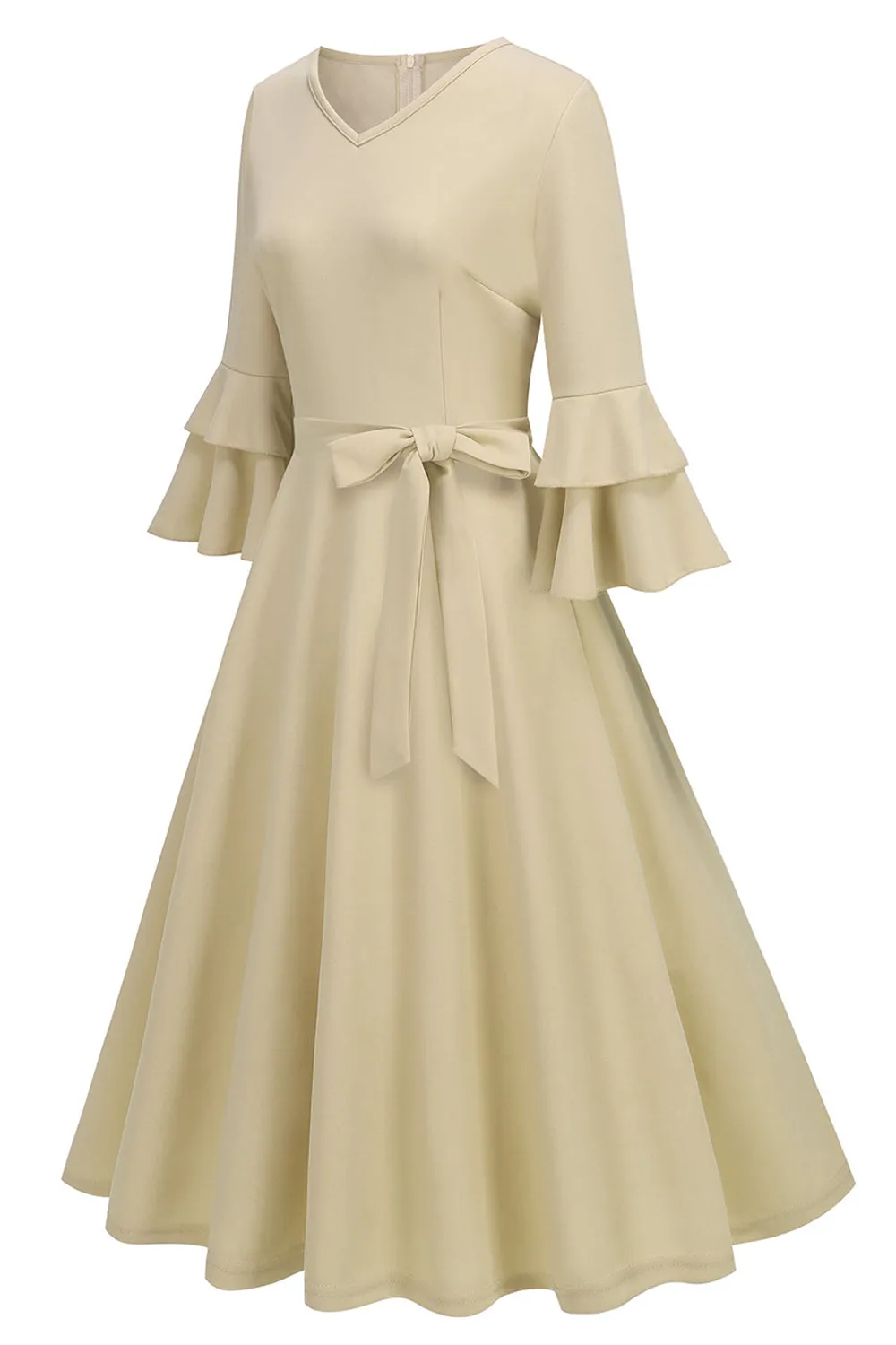 Apricot A-Line V-neck Half Sleeves Midi 1950s Dress sold by Zapaka product image thumbnail 3