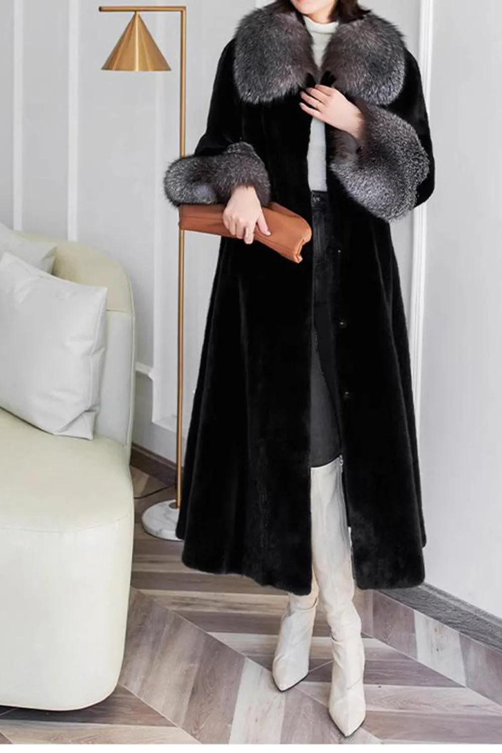 Black Lapel Neck Velvet Maxi Women's Coat sold by Zapaka product image thumbnail 3