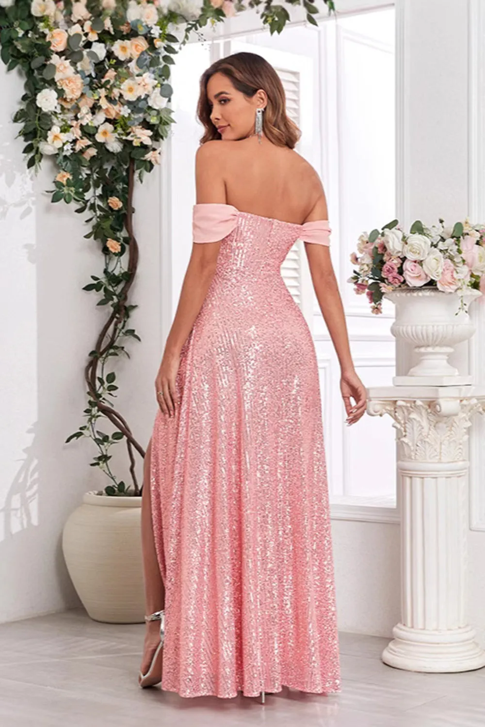 Pink A Line Off the Shoulder Sequin Long Prom Dress with Slit sold by Zapaka product image thumbnail 2