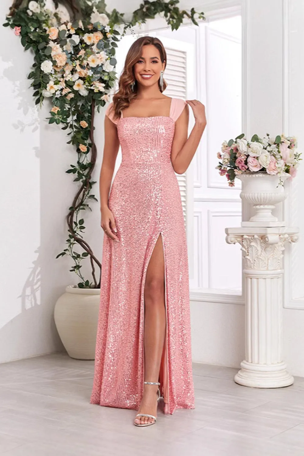 Pink A Line Off the Shoulder Sequin Long Prom Dress with Slit sold by Zapaka product image thumbnail 4