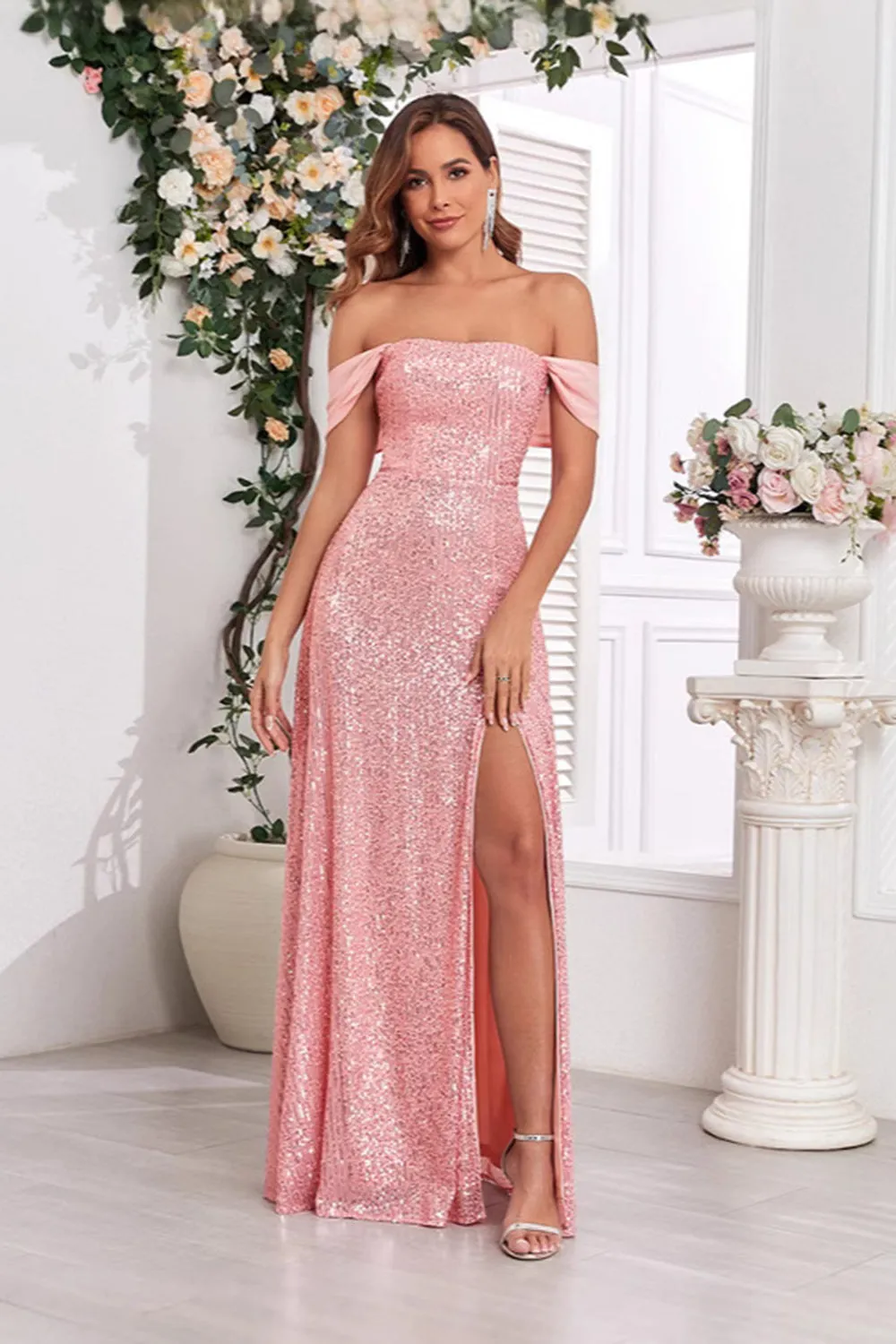 Pink A Line Off the Shoulder Sequin Long Prom Dress with Slit sold by Zapaka