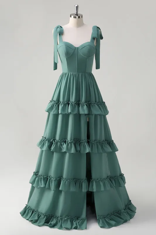 Eucalyptus A-Line Bow Tie Straps Corset Ruffles Chiffon Long Bridesmaid Dress with Slit sold by Zapaka