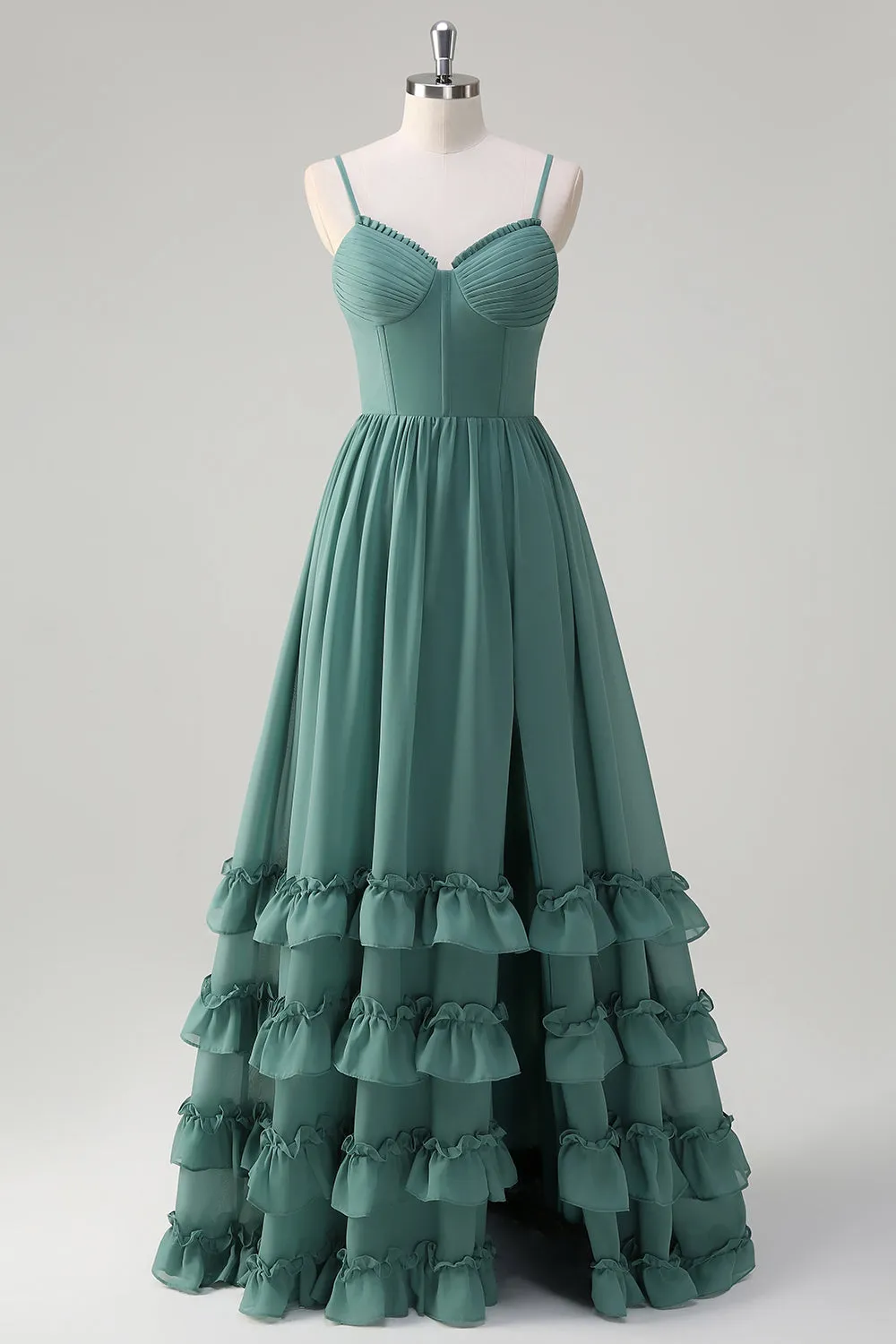 Eucalyptus A-Line Corset Ruffled Chiffon Long Bridesmaid Dress with Slit sold by Zapaka