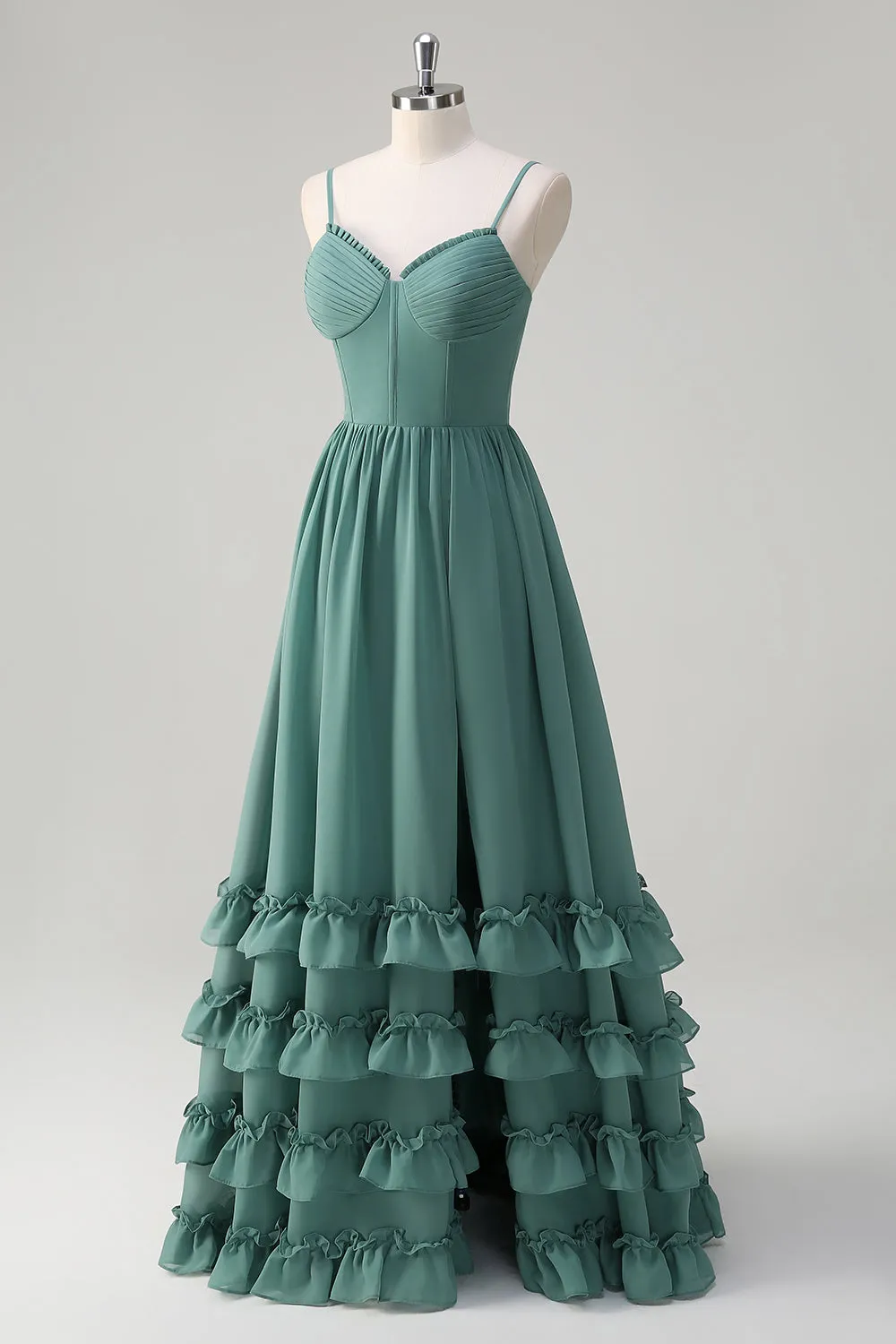 Eucalyptus A-Line Corset Ruffled Chiffon Long Bridesmaid Dress with Slit sold by Zapaka product image thumbnail 3