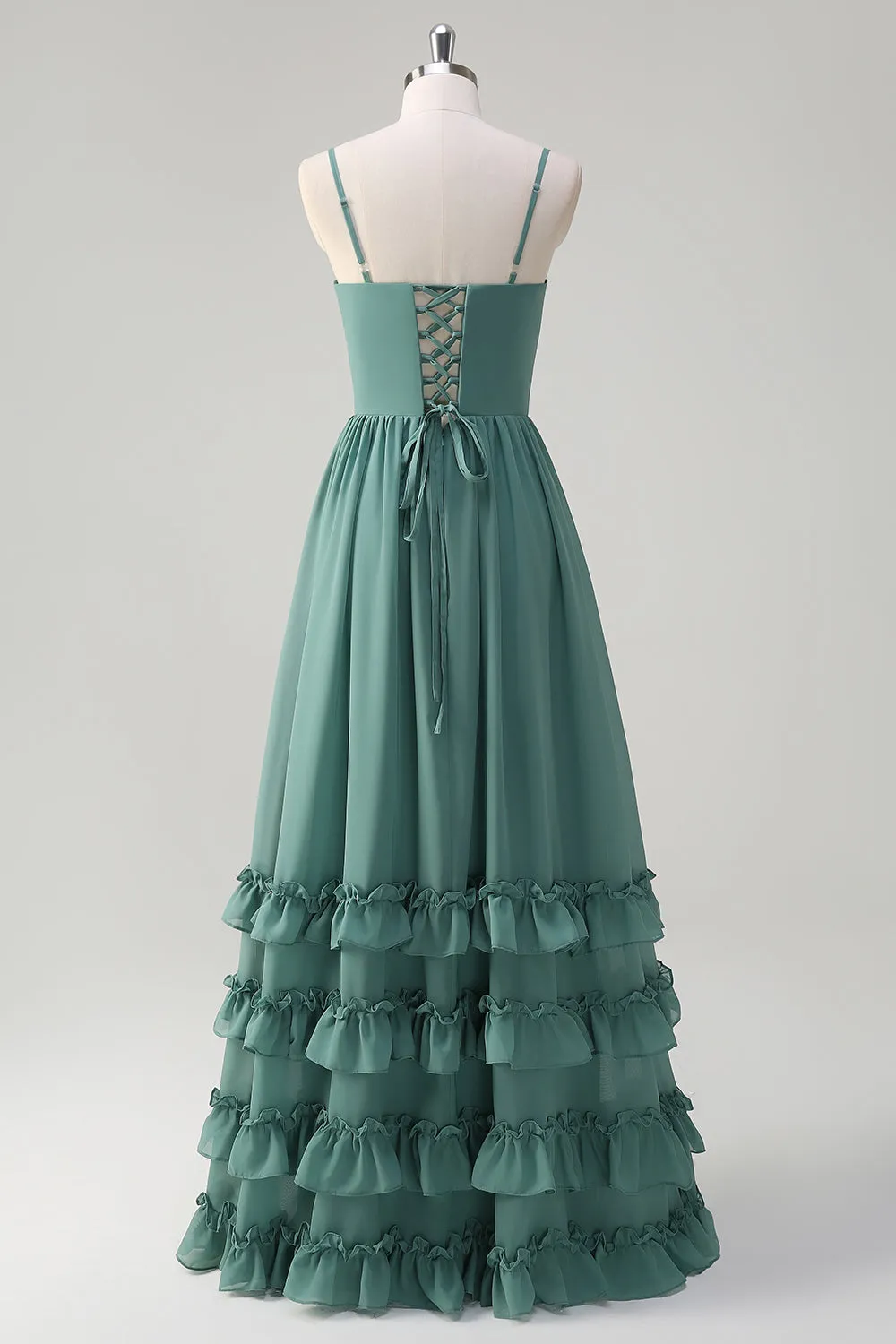 Eucalyptus A-Line Corset Ruffled Chiffon Long Bridesmaid Dress with Slit sold by Zapaka product image thumbnail 2