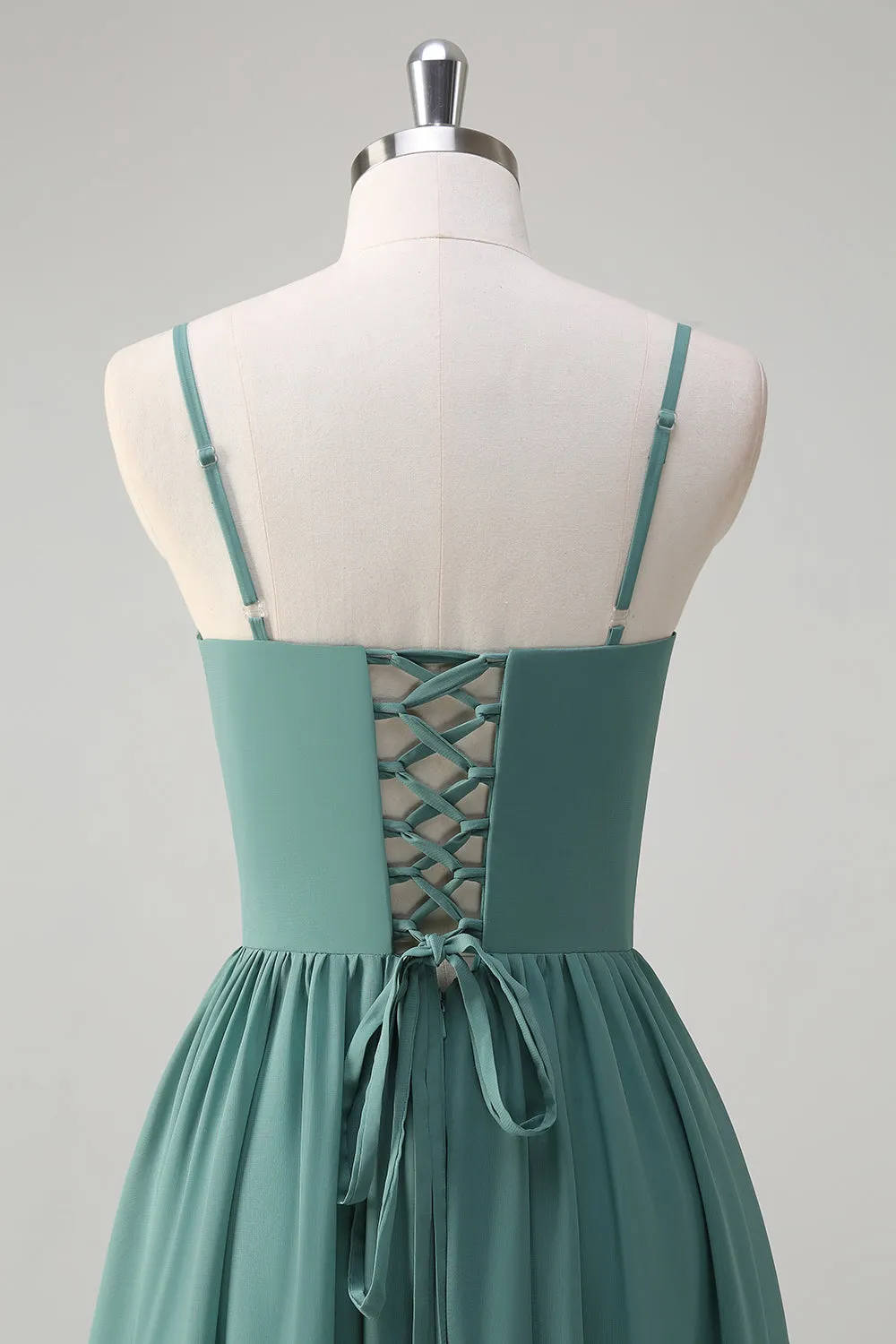 Eucalyptus A-Line Corset Ruffled Chiffon Long Bridesmaid Dress with Slit sold by Zapaka product image thumbnail 5