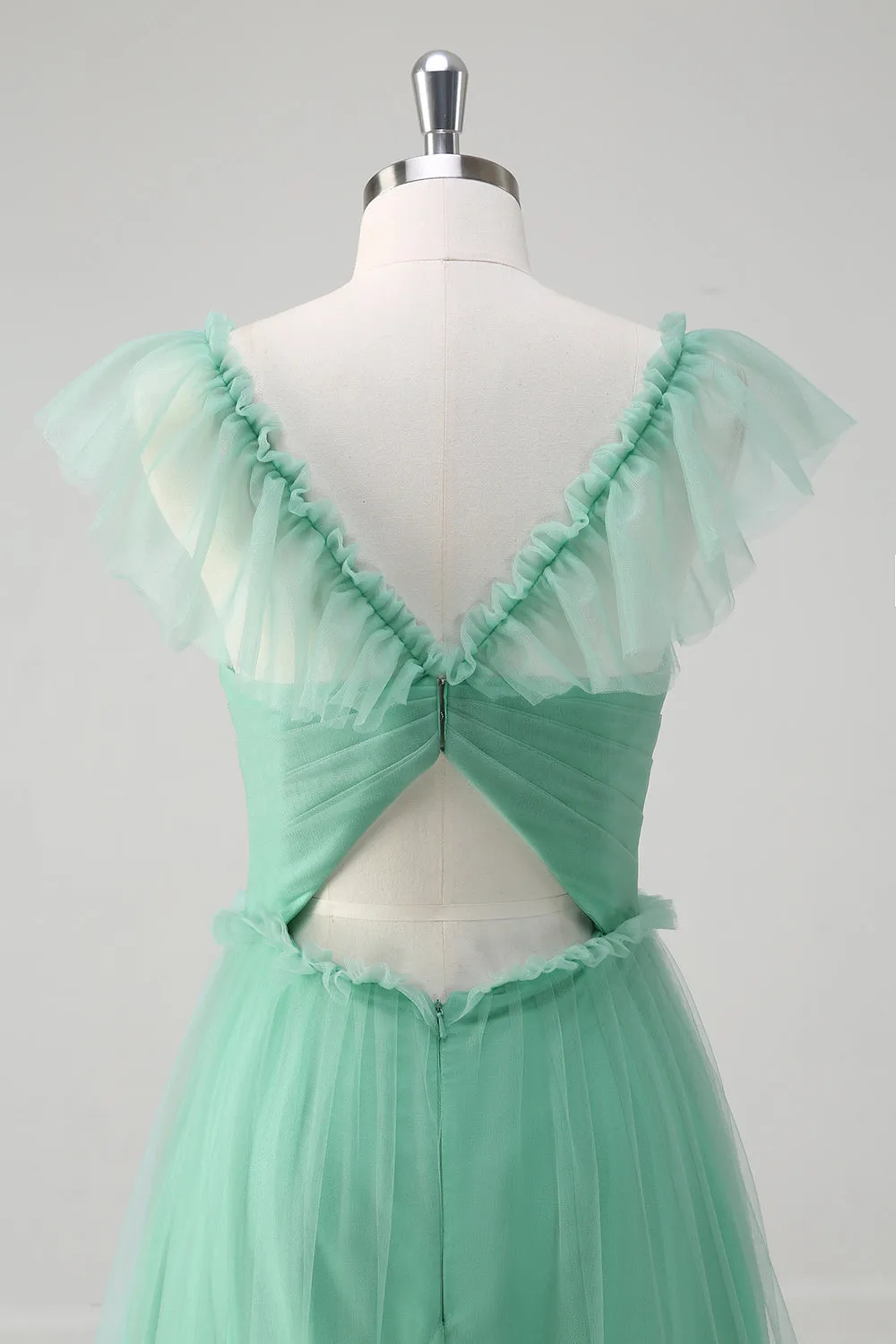 Green A Line V-Neck Tiered Tulle Bridesmaid Dress sold by Zapaka product image thumbnail 5
