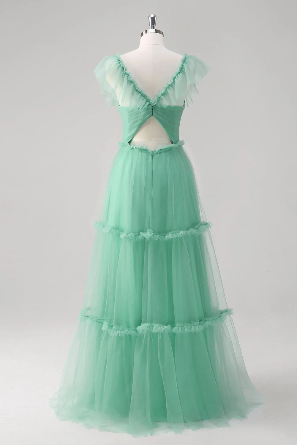 Green A Line V-Neck Tiered Tulle Bridesmaid Dress sold by Zapaka product image thumbnail 2