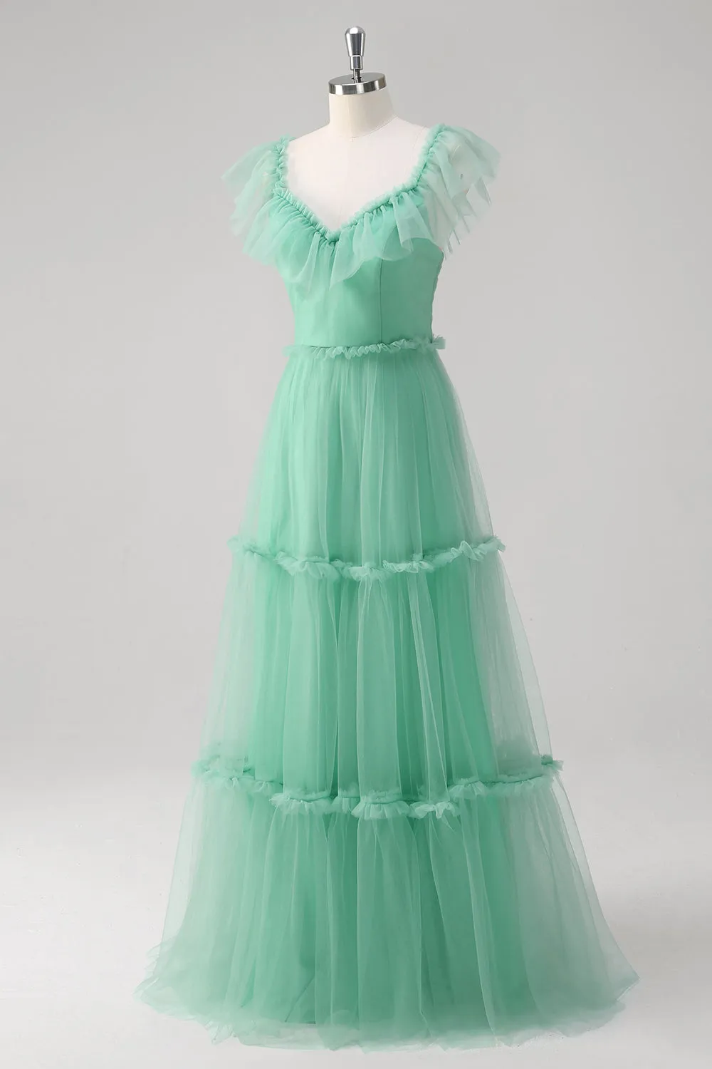 Green A Line V-Neck Tiered Tulle Bridesmaid Dress sold by Zapaka product image thumbnail 3