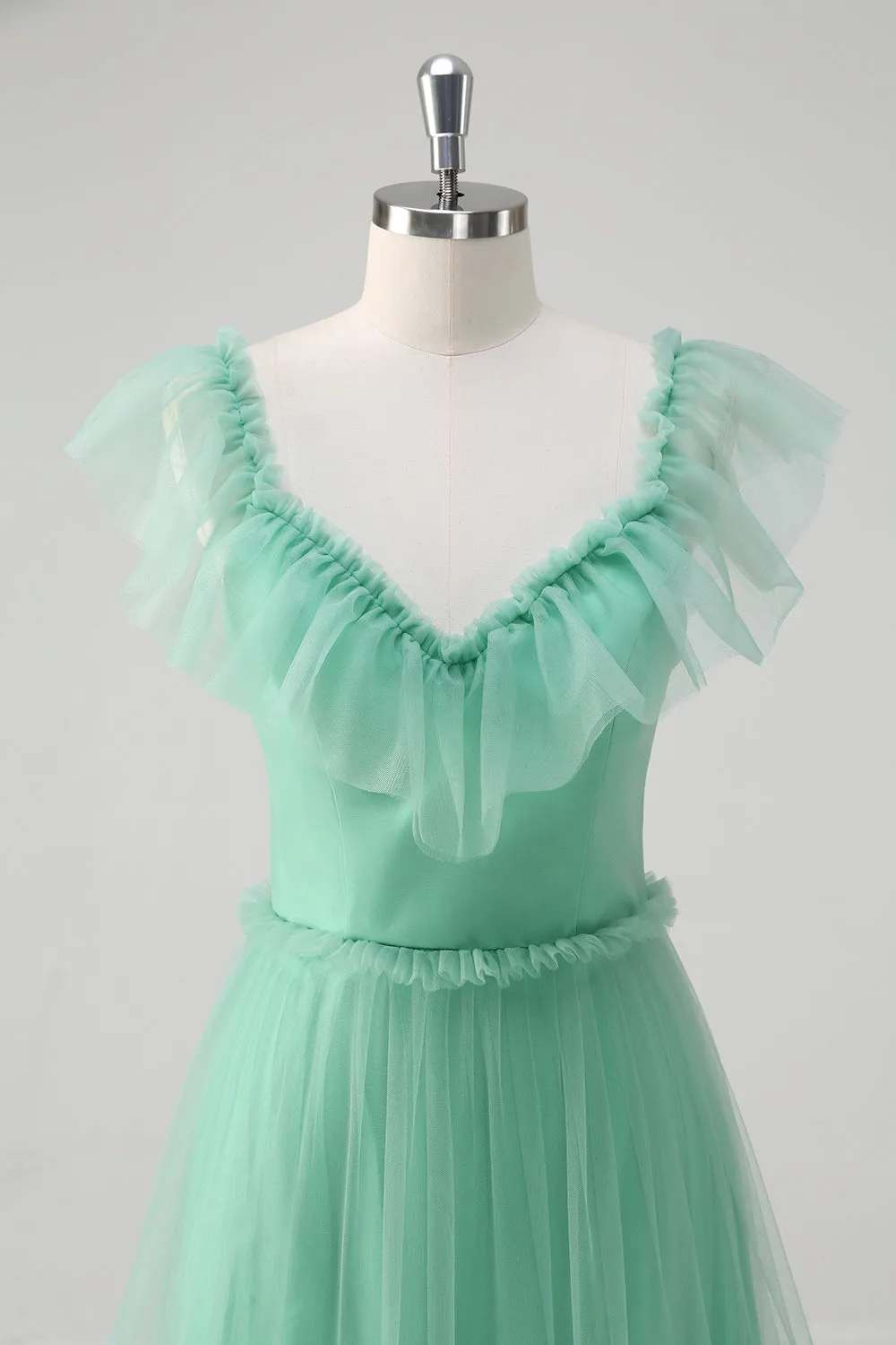 Green A Line V-Neck Tiered Tulle Bridesmaid Dress sold by Zapaka product image thumbnail 4