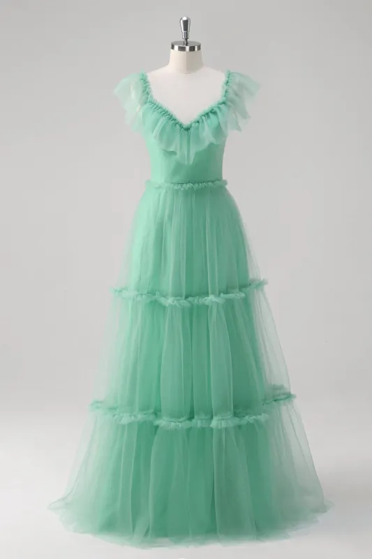 Green A Line V-Neck Tiered Tulle Bridesmaid Dress sold by Zapaka