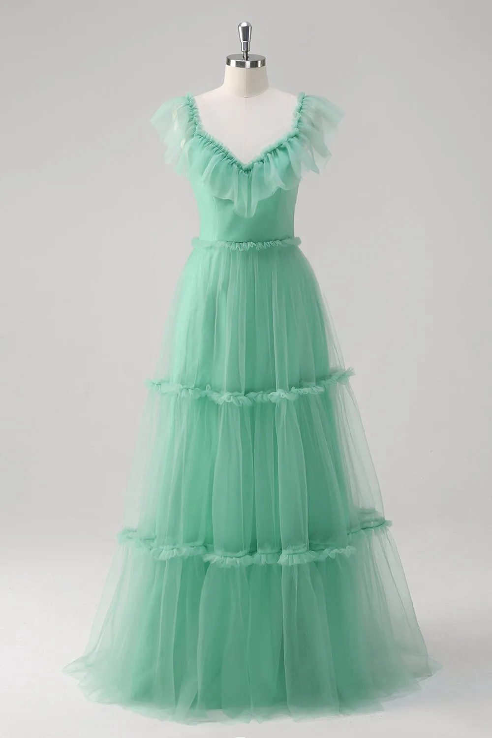 Green A Line V-Neck Tiered Tulle Bridesmaid Dress sold by Zapaka