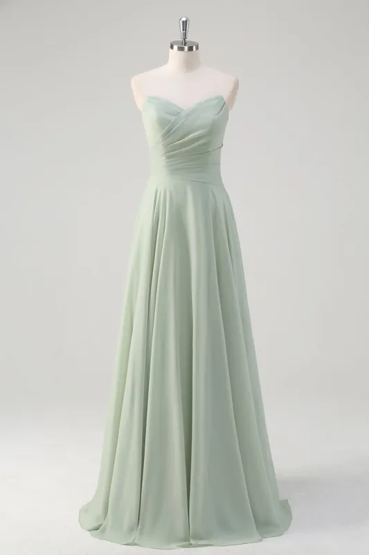 Matcha A Line Strapless Ruched Chiffon Long Bridesmaid Dress sold by Zapaka