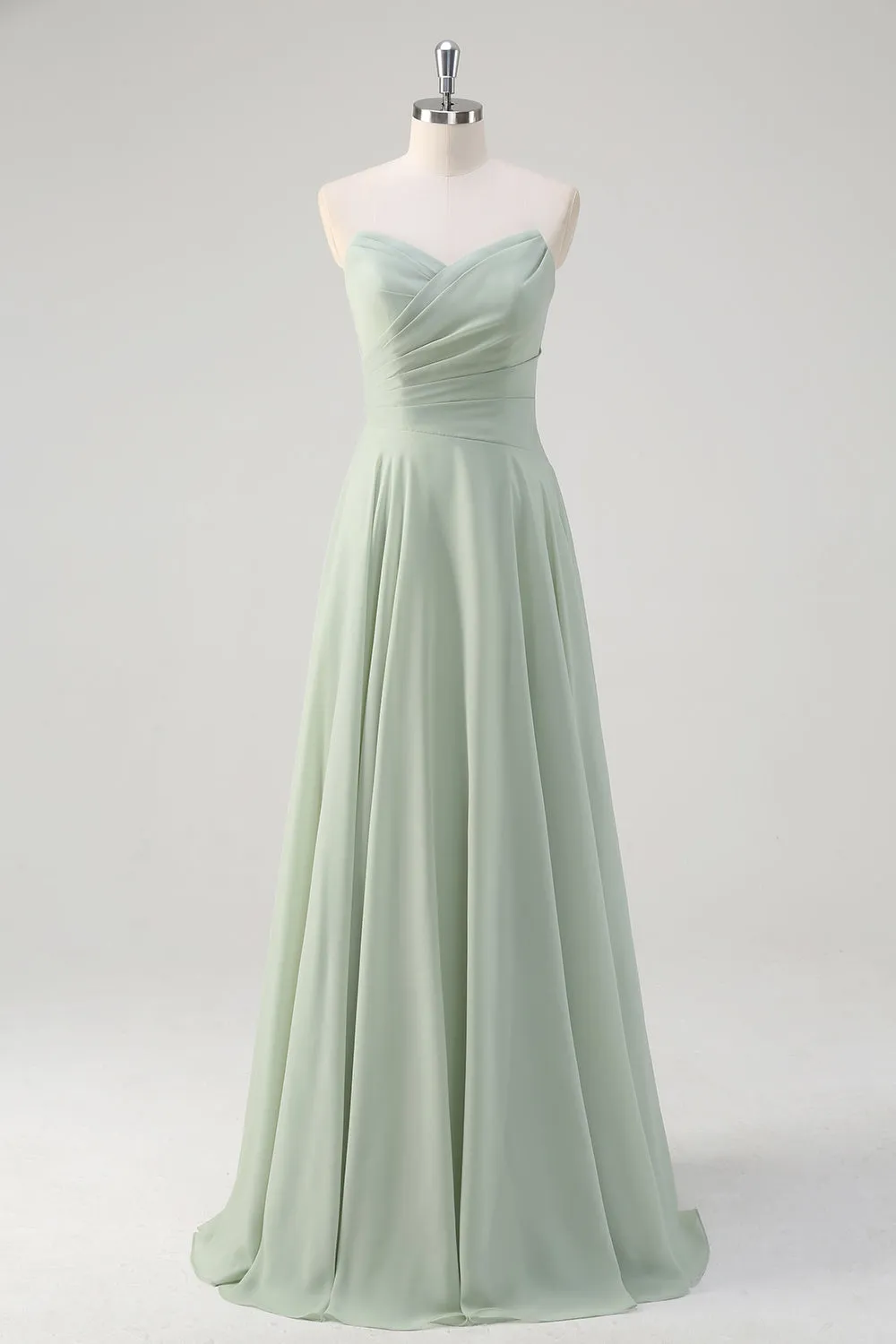 Matcha A Line Strapless Ruched Chiffon Long Bridesmaid Dress sold by Zapaka
