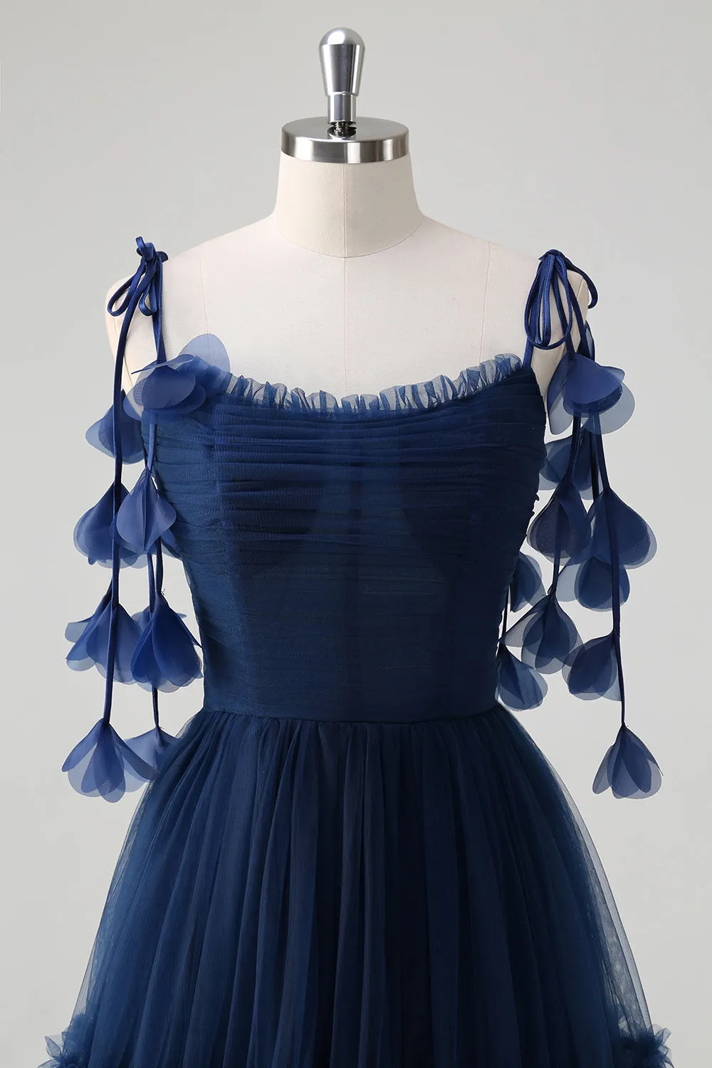Navy A-Line Spaghetti Straps Flowers Corset Ruffles Tulle Long Bridesmaid Dress sold by Zapaka product image thumbnail 4