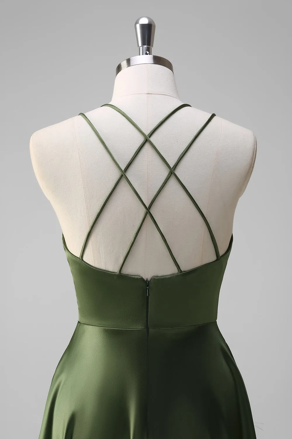 Olive A-Line Spaghetti Straps Ruched Long Satin Bridesmaid Dress sold by Zapaka product image thumbnail 5