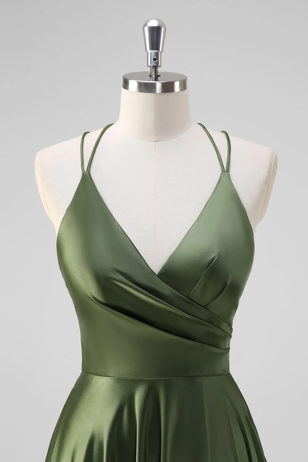 Olive A-Line Spaghetti Straps Ruched Long Satin Bridesmaid Dress sold by Zapaka product image thumbnail 4